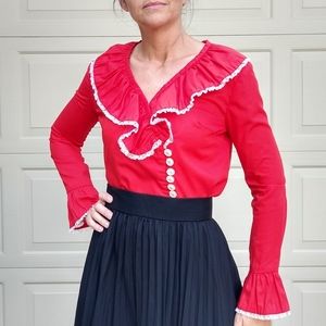 Vintage Red Blouse with White Accents